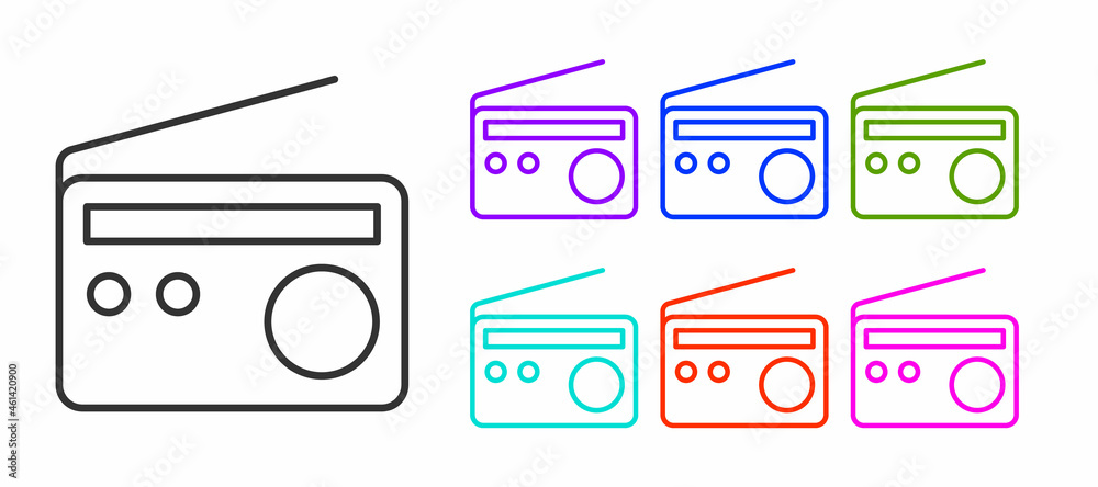 Black line Radio with antenna icon isolated on white background. Set icons colorful. Vector Black line Radio with antenna icon isolated on white background. Set icons colorful. Vector