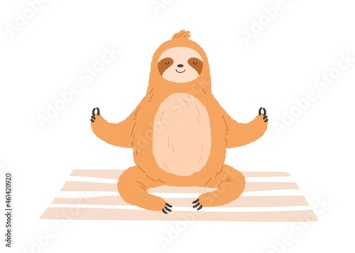 Cute sloth meditate, sitting in yoga posture. Funny animal relaxing during meditation practice. Happy calm baby character resting. Flat vector illustration isolated on white background