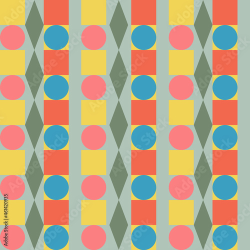 Seamless vertical pattern of geometric shapes on a light background for textiles.