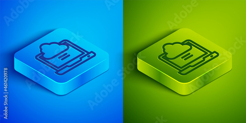 Isometric line Network cloud connection icon isolated on blue and green background. Social technology. Cloud computing concept. Square button. Vector