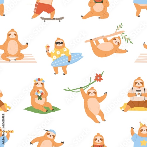 Cute sloths pattern. Seamless background with lazy funny baby animals. Endless repeating print. Repeatable kids texture with happy adorable characters. Colored flat vector illustration for decoration