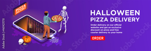 Isometric vector. Halloween delivery service banner. Telephone with stairs to the basement of the restaurant. The zombie courier gives the pizza to the skeleton. Order food in the online store home 
