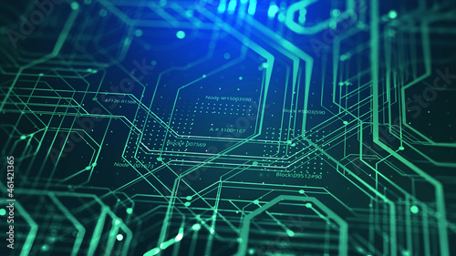 Microcircuit, chip, silicon chip, circuit 3D illustration. Motherboard. Cyberspace of high technologies. Information flow and data analytics