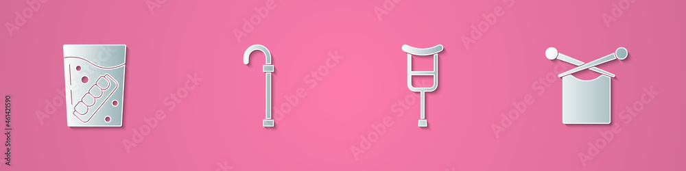 Set paper cut False jaw in glass, Walking stick cane, Crutch or crutches and Knitting icon. Paper art style. Vector Set paper cut False jaw in glass, Walking stick cane, Crutch or crutches and Knitting icon. Paper art style. Vector