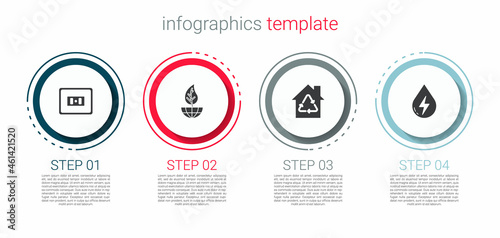 Set Electrical outlet, Earth globe and leaf, Eco House with recycling and Water energy. Business infographic template. Vector