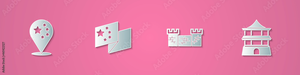 Set paper cut China flag, , Great wall of and Chinese house icon. Paper art style. Vector Set paper cut China flag, , Great wall of and Chinese house icon. Paper art style. Vector