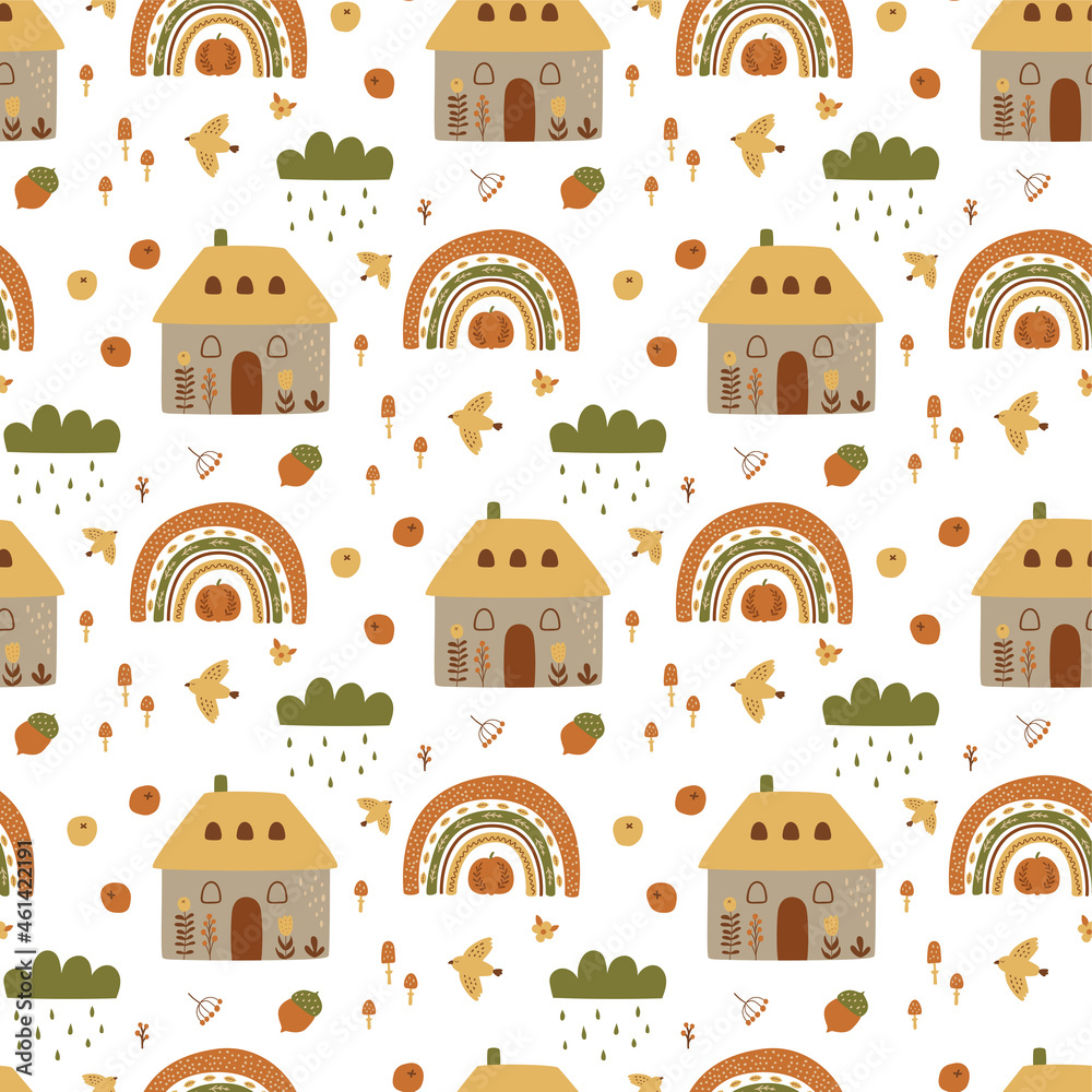 Autumn village pattern. Cute fall houses, rainbow, cloud, pumpkin, harvest elements, garden landscape vector illustration. Autumn countryside cottage. Fall houses seamless pattern, village background.