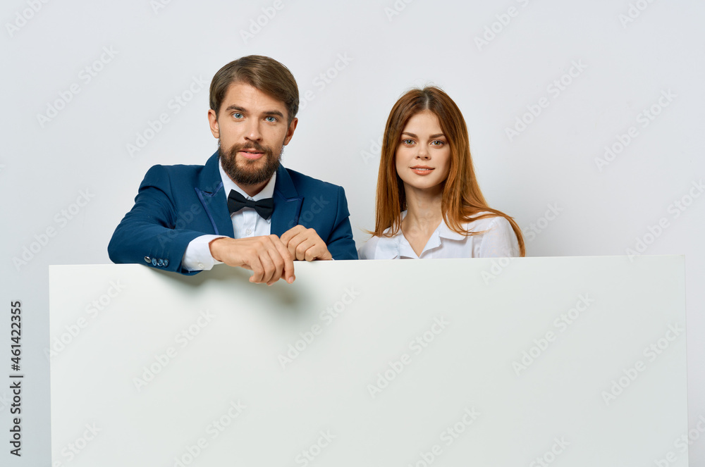 business man and woman billboard marketing fun emotions isolated background business man and woman billboard marketing fun emotions isolated background