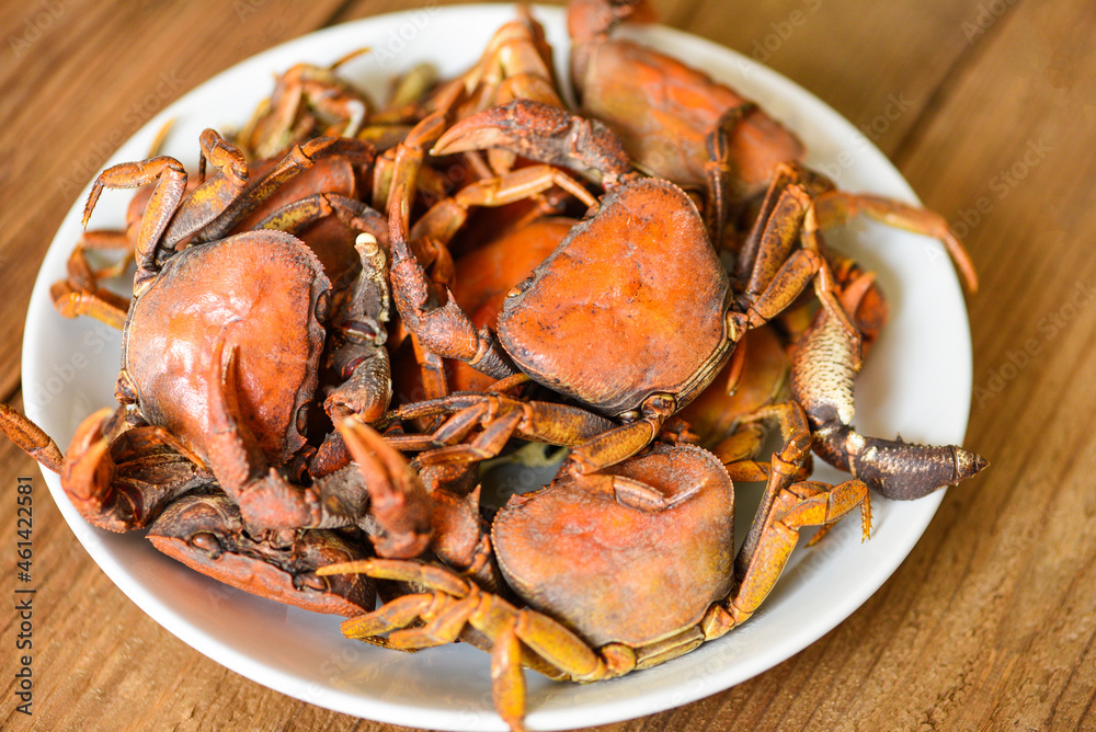 Crab steamed food, fresh crab rock wild freshwater cook on white plate, forest crab or stone crab river Crab steamed food, fresh crab rock wild freshwater cook on white plate, forest crab or stone crab river