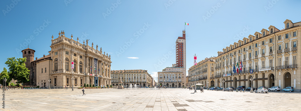 Turin, Italy. May 12, 2021. Panoramic view of Piazza Castello with Palazzo Madama on the left, Littoria Tower far in the middle, and the building seat of the Regional Government on the right.