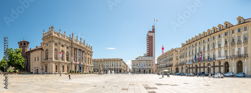 Turin, Italy. May 12, 2021. Panoramic view of Piazza Castello with Palazzo Madama on the left, Littoria Tower far in the middle, and the building seat of the Regional Government on the right.