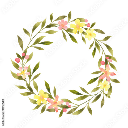 Floral round wreath  frame  border  blank  template isolated on white. Watercolor botanical illustration for copy space  card  greeting  invitation. Flowers and leaves circle design element.