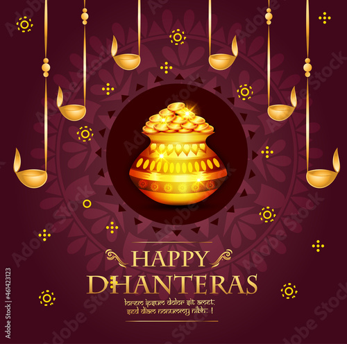 Abstract, banner or poster for Dhanteras  Gold coin in pot for Dhanteras celebration and diwali festival celebration with hindi text shubh labh meaning 'wishing prosperity'