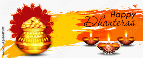 Abstract, banner or poster for Dhanteras  Gold coin in pot for Dhanteras celebration and diwali festival celebration with hindi text shubh labh meaning 'wishing prosperity'