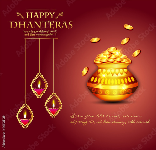 Abstract, banner or poster for Dhanteras  Gold coin in pot for Dhanteras celebration and diwali festival celebration with hindi text shubh labh meaning 'wishing prosperity' photo