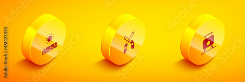 Set Isometric Drought, Gardening scissors and Fermentation of grapes icon. Vector