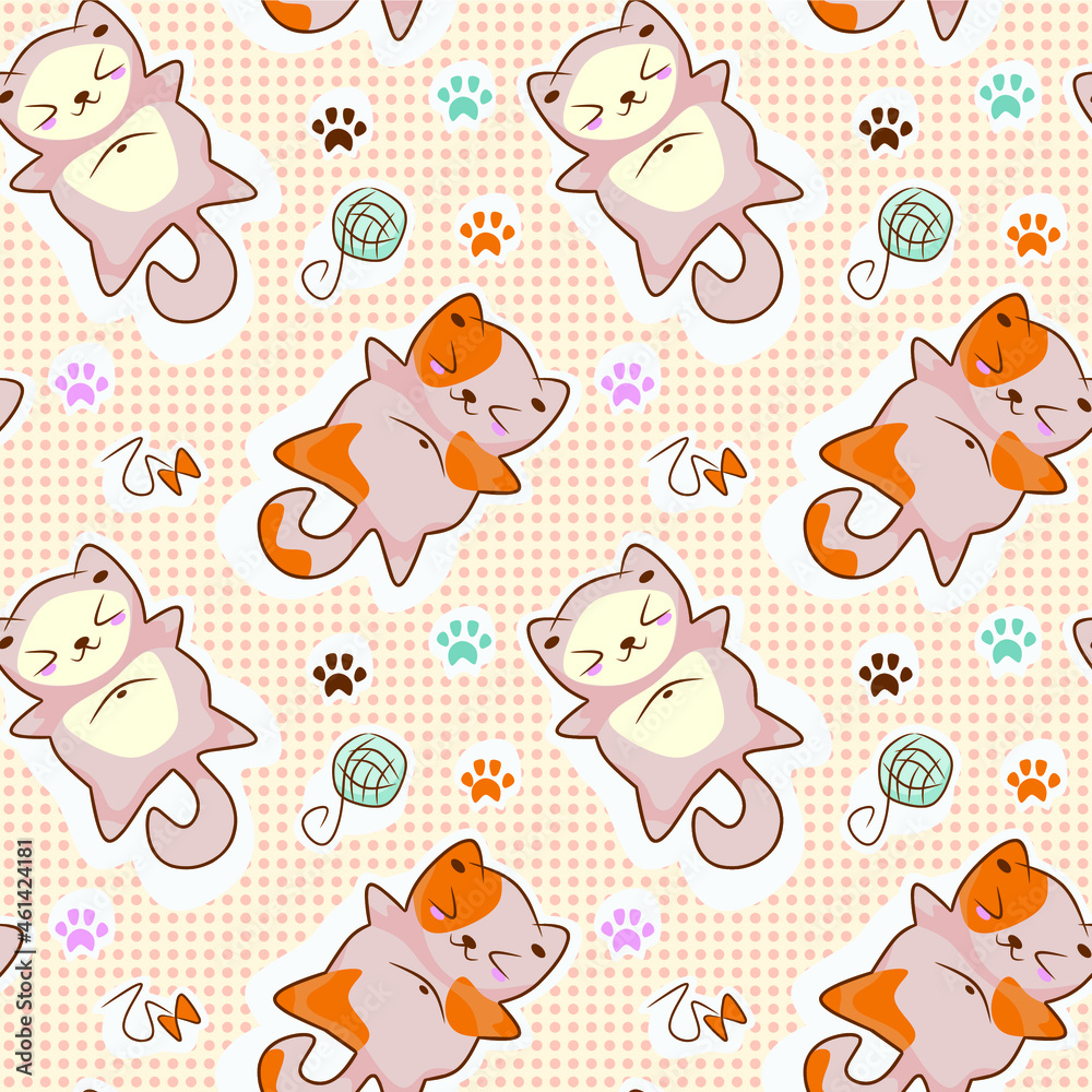 Seamless pattern of cute cats in anime kawaii style isolated on a white background Seamless pattern of cute cats in anime kawaii style isolated on a white background