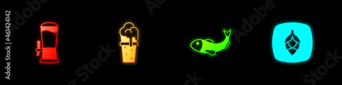 Set Beer tap, Glass of beer, Dried fish and Hop icon. Vector