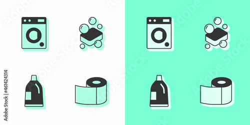 Set Toilet paper roll, Washer, Bottle for cleaning agent and Bar of soap icon. Vector