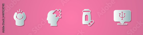 Set paper cut Anger, Solution to the problem, Sedative pills and Psychology, Psi icon. Paper art style. Vector