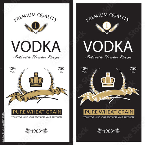 collection of vodka labels with royal crown and ears of wheat in retro style