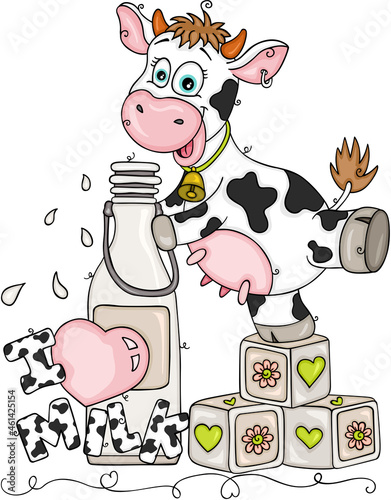 Farm cow with milk bottle