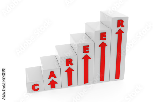 A row of six pedestals of white stairs growing from left to right, on which red arrows and the word CAREER are engraved, 3D illustration, isolated. Business concept: Moving up the career ladder.