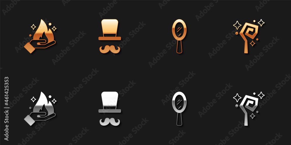 Set Hand holding fire, Magician, hand mirror and staff icon. Vector Set Hand holding fire, Magician, hand mirror and staff icon. Vector