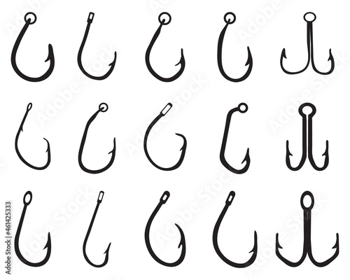 Black silhouettes of fishing hooks on a white background
