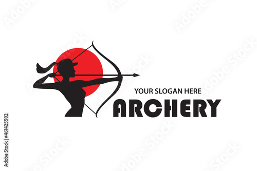 emblem of archering girl with bow and arrow isolated on white background