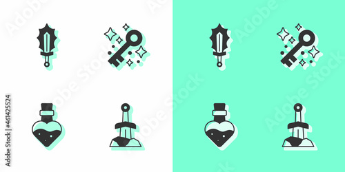 Set Sword in the stone, Magic sword fire, Bottle with potion and Old magic key icon. Vector