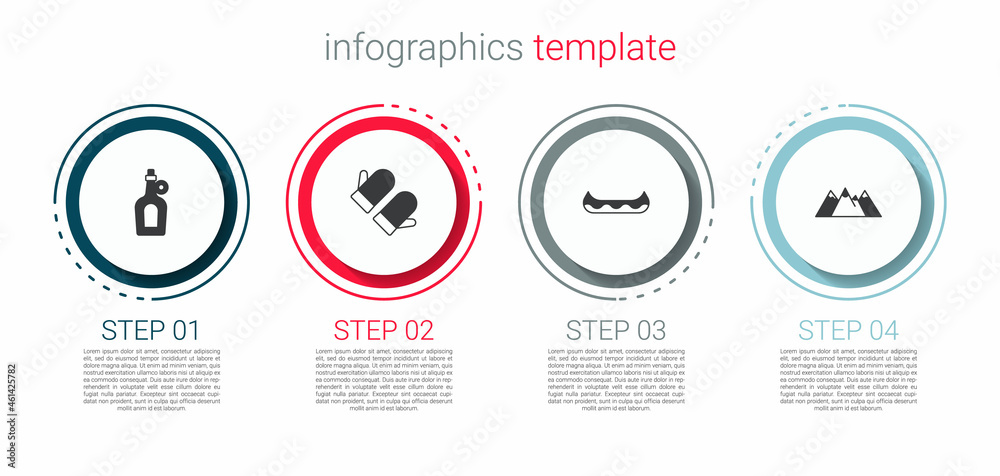 Set Bottle of maple syrup, Christmas mitten, Kayak and Mountains. Business infographic template. Vector Set Bottle of maple syrup, Christmas mitten, Kayak and Mountains. Business infographic template. Vector