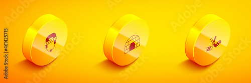 Set Isometric Hockey helmet, Igloo ice house and Ice hockey sticks icon. Vector