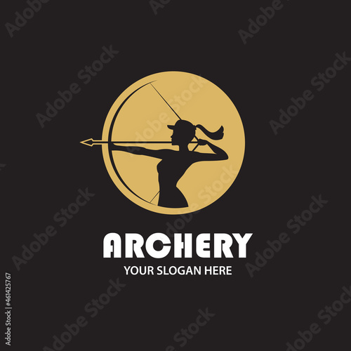 emblem of archering girl with bow and arrow isolated on black background