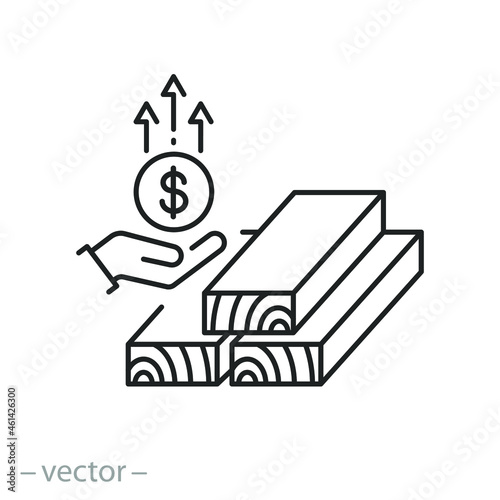 lumber prices growth icon, increase cost wood industrial, pay order timber, thin line symbol on white background - editable stroke vector illustration eps10