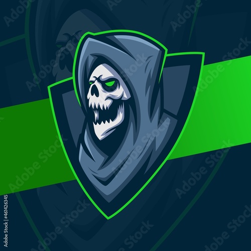reaper skull head with hood mascot character esport logo design best design for gaming and sport logo