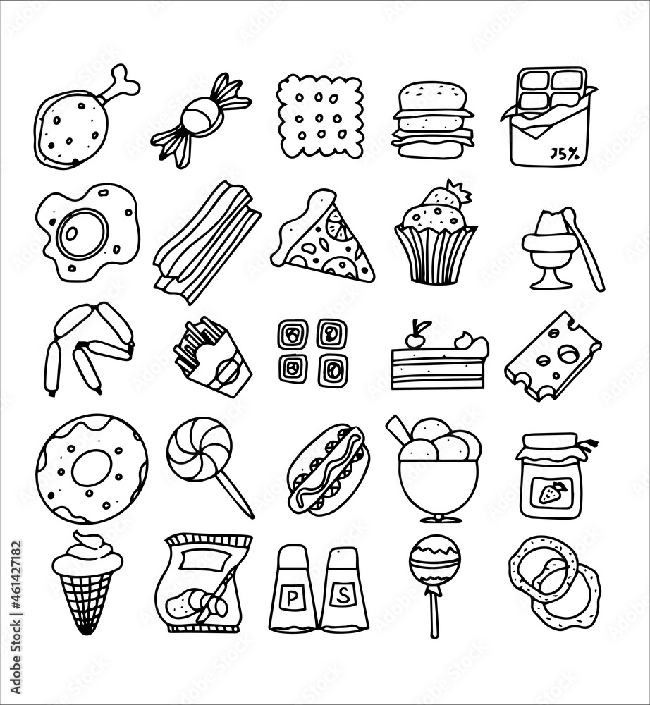 Doodle Food Set Of Fast-food Products. Hand-drawn Sweets, Desserts 