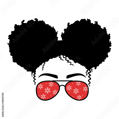 Christmas Mom. Woman face with aviator glasses and snowflakes  print. Messy Bun Mom Lifestyle.  Afro Women. Isolated on white background. Good for posters, t shirts, postcards.