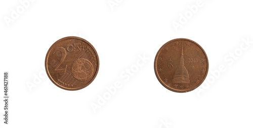 2 cent Euro coin from Italy with Mole Antonelliana, obverse and reverse. Coined in 2015.