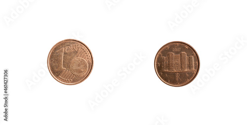 1 Euro cent from italy with Castel del Monte coined in 2017. Obverse and reverse.