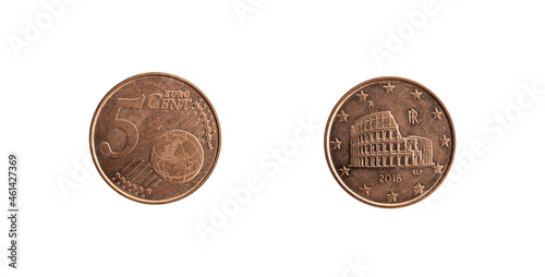 5 Euro Cent coin from Italy with the Colosseum, obverse and reverse.
