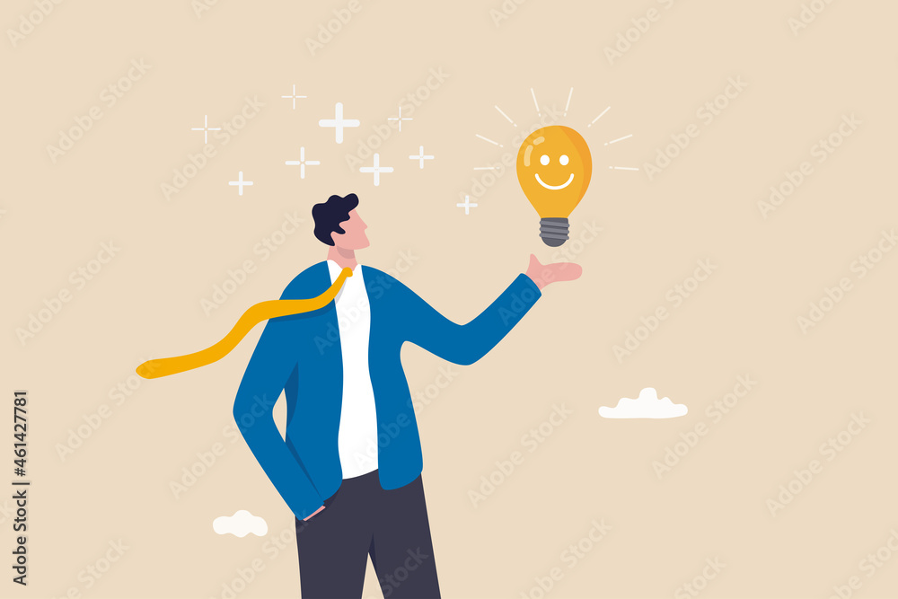 Positive thinking, optimistic mindset or good attitude to success in work, always get idea to solve any problems concept, happy businessman holding smiling lightbulb idea with positive vibes around. Positive thinking, optimistic mindset or good attitude to success in work, always get idea to solve any problems concept, happy businessman holding smiling lightbulb idea with positive vibes around.