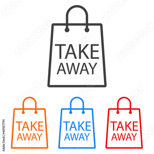Logotipo con texto Take Away en silueta de bolsa de la compra con lineas en varios colores
