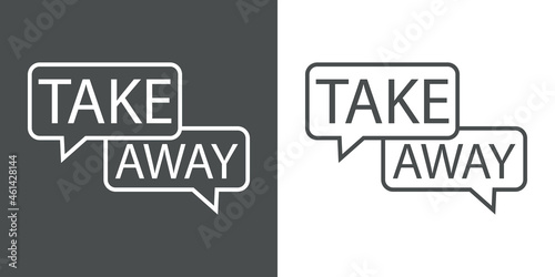 Logotipo con texto Take Away en silueta de 2 burbujas de habla con lineas en fondo gris y fondo blanco