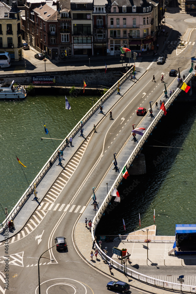 Dinant, Belgium - July 29 2018: Charles de Gaulle Bridge (Saxophone Bridge) over the Meuse river