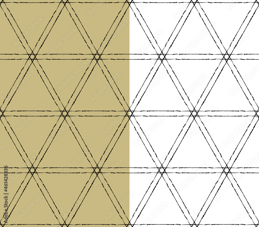 Grunge hand painted lines, triangle grid seamless pattern. Vector. Ink brush textured stripes. Gold beige or white color background Grunge hand painted lines, triangle grid seamless pattern. Vector. Ink brush textured stripes. Gold beige or white color background