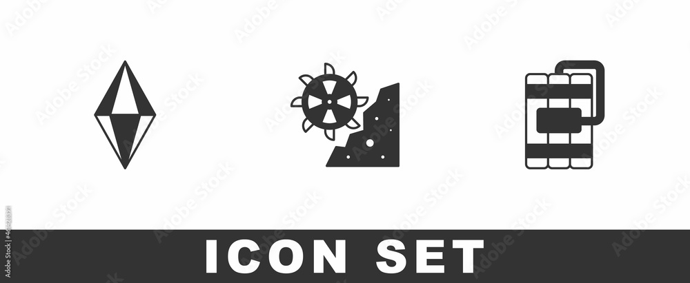 Set Gem stone, Bucket wheel excavator and Dynamite icon. Vector Set Gem stone, Bucket wheel excavator and Dynamite icon. Vector
