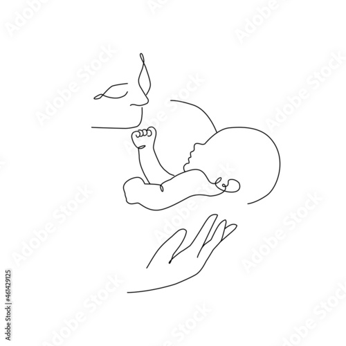 Vector one line art illustration of family portret. Lineart mother holding a new born baby in lineart style