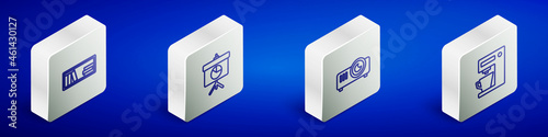 Set Isometric line Shelf with books, Chalkboard diagram, Movie, film, media projector and Coffee machine icon. Vector