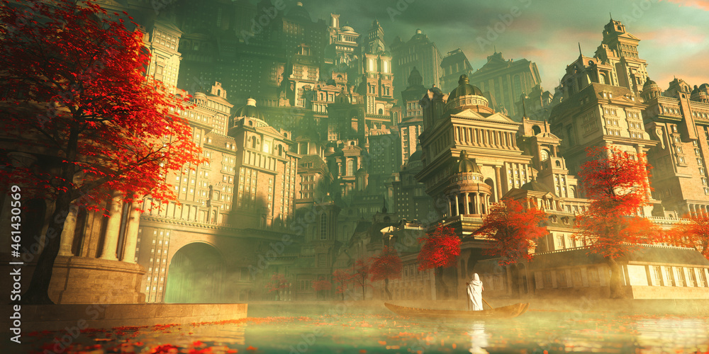 Fototapeta premium Priest on a boat sail to the ancient city of religions in beautiful sunlight with red trees and leaves, foreground out of focus - concept art - 3D rendering